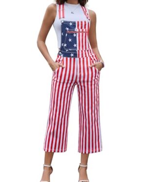 Odefou Overalls for Women-Holiday Gifts Ladies Fashion Jumpsuit Festival Romper Bibs Coveralls(American Flag Overalls,S)