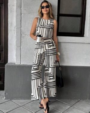Pariaura Women Fashion Striped Flower Print Top & Pants Set, Casual Summer Beach Style