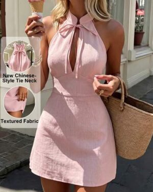 Pariaura Women's Summer Halter Neck Tie Waist Sleeveless Short Dress, Suitable For Dates, Gatherings, Parties, And Elegant Daily Wear, Slimming And Graceful