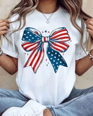 Patriotic American Flag Bow T Shirt Women Independence Day 4th Of July Celebration Casual Summer Top Red Blue Stars And Stripes Design Graphic Tee For National Holiday Party,220g