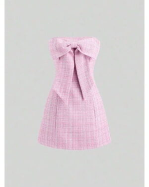 Pink Tweed Strapless Mini Dress With Front Bow Knot A-Line Fit