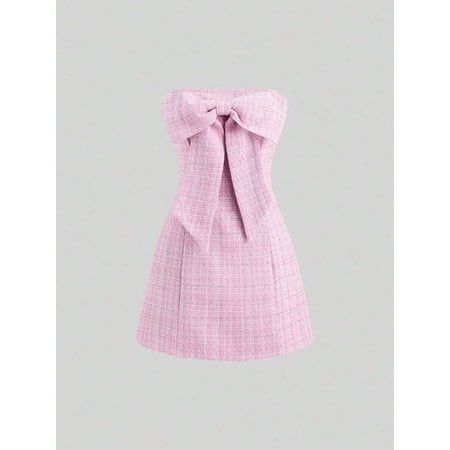 Pink Tweed Strapless Mini Dress With Front Bow Knot A-Line Fit
