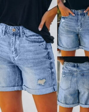 POTETI Women Jean Shorts High Waisted Denim Shorts for Women Blue with Pockets Distressed Ripped Casual Flat Front Solid Sexy Shorts