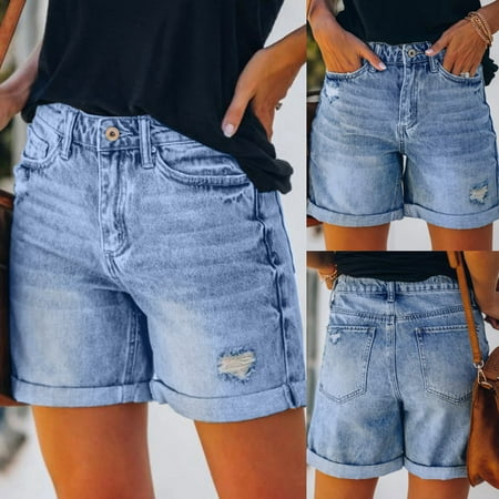 POTETI Women Jean Shorts High Waisted Denim Shorts for Women Blue with Pockets Distressed Ripped Casual Flat Front Solid Sexy Shorts