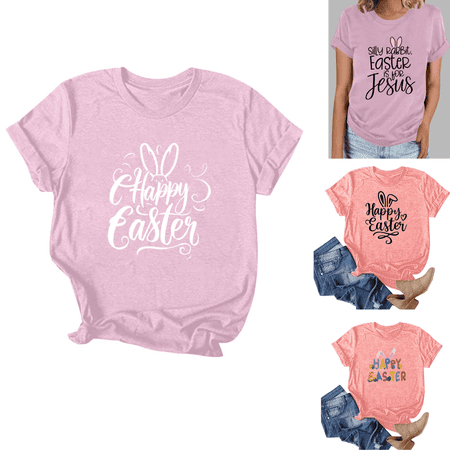 POTETI Women's Easter Tshirt Happy Easter Day Print Tee Shirts for Women Summer Short Sleeve Crew Neck Tops
