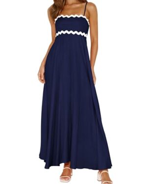 PRETTYGARDEN Womens Spaghetti Strap Maxi Dresses 2026 Summer Casual Sleeveless Smocked Boho A Line Long Flowy Beach Sundress(Navy,Medium)