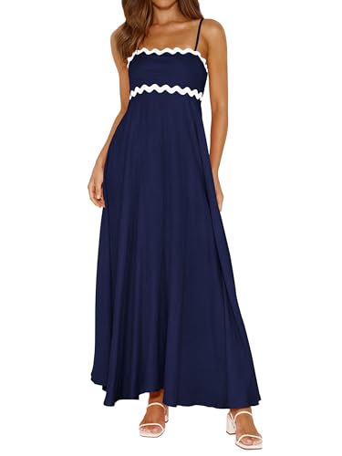 PRETTYGARDEN Womens Spaghetti Strap Maxi Dresses 2026 Summer Casual Sleeveless Smocked Boho A Line Long Flowy Beach Sundress(Navy,Medium)
