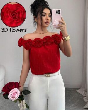 Rafferiza Chic Red Crop Top Elegant Off Shoulder Design With 3D Roses Textured Fabric And Cap Puff Sleeves