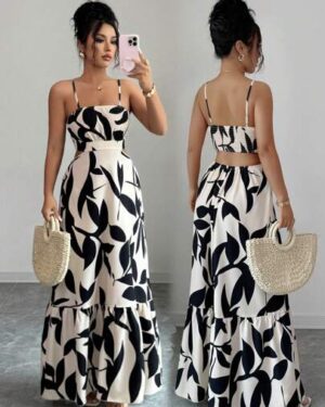Rafferiza Women's Elegant Printed Waist-Cinched Long Dress