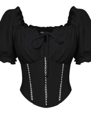 Renaissance Corset Tops for Women Crop Puff Sleeves Shirt Black M