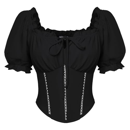 Renaissance Corset Tops for Women Crop Puff Sleeves Shirt Black M