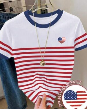 Resyla Women's Color Block American Flag Striped Print Short Sleeve Round Neck T-Shirt Travel Navy Blue And White Summer Casual