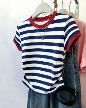 Resyla Women's Summer Blue And White Stripe Short Sleeve T-Shirt,Waist Cinched Slim Fit,Casual,Vacation,Independence Day,Graphic Design,Multicolor Striped