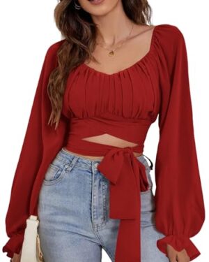 Rooscier Women's Ruched Wrap Square Neck Flounce Long Sleeve Self Tie Crop Top Blouse Solid Red Small