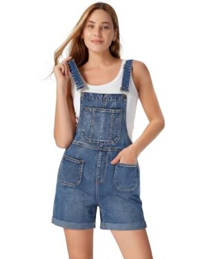 roswear Denim Overall Shorts for Women Stretchy Shortalls with Adjustable Strap Cuffed Hem Washed Blue Medium