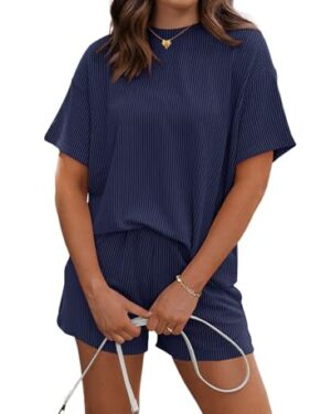 RUBZOOF Women's 2 Piece Outfits Summer Tracksuit Ribbed Textured Knit Loose Lounge Shorts Set Short Sleeve Matching Sets Navy L