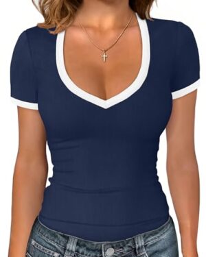 Amazon | Women's Navy V-Neck Fitted T-Shirt – Casual Short Sleeve Slim Fit Tee