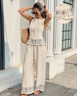Serisse Women's Floral Print Single-Breasted Vest & High-Waisted Wide-Leg Pants 2 Pieces Set,Beige Linen Boho Summer Vacation Outfit,Holiday Casual