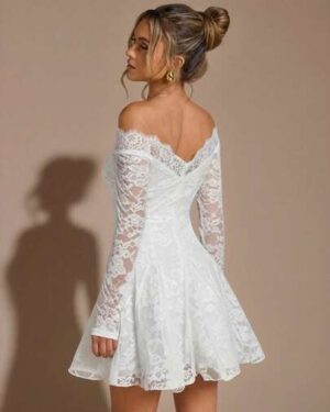 SHEIN BAE Black Lace Off Shoulder Bodycon Mini Dress, Elegant Sexy Women's Long Sleeve Lace Dress, Black Lace Dress, Elegant Little Black Dress