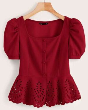 SHEIN Clasi Women's Button Collar Jacquard Casual Everyday Wear Puff Sleeve Shirt