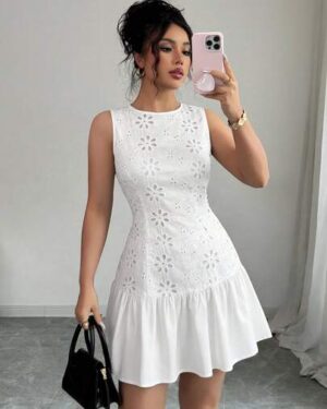 SHEIN Elenzya Summer White Floral Elegant Tea Party Women's Mini Dress,Round Neck Sleeveless Belted Waist-Cinching A-Line Vintage Printed Short Dress