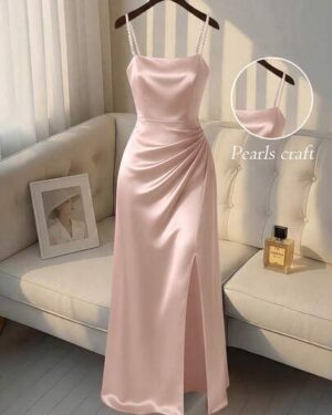 SHEIN Franclia Women's Solid Color Faux Pearl Strap Pleated Design Elegant Side Slit Hem Camisole Dress