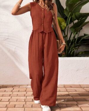 SHEIN Frenchy 2pcs Vacation Casual Solid Color Tank Top & Pants Set Summer Holiday Resort