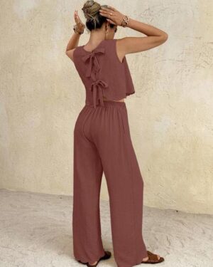 SHEIN Frenchy 2pcs Women Summer Casual Solid Color Tie Back Tank Top And Pants Set