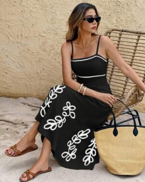 SHEIN Frenchy Women Vacation Casual Contrast Color Print Maxi Slip Dress Black Summer Casual Black Beach Holiday Resort
