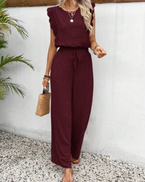 SHEIN Frenchy Women's Casual Vacation & Commute Solid Color Lace Trim Top And Wide Leg Pants 2 Pieces Set, Spring/Summer