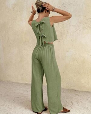 SHEIN Frenchy Women's Solid Color Round Neck Tie Back Top And Elastic Waist Pants Casual 2-Piece Set,Vacation Outfits Women,Summer Outfits For Women