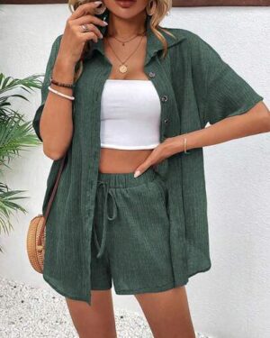 SHEIN Holidaya 2pcs/Set Women's Front Button Collar Short Sleeve Simple Blouse And Front Tie Shorts Set