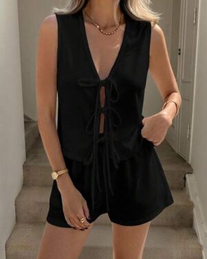 SHEIN LUNE 2pcs Women Black Solid Color Vest Cardigan Top And Shorts Set, Suitable For Spring/Summer 2 Piece Woman Tie Up Top, Casual Sexy Vacation Beach