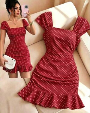 SHEIN LUNE New Women's Square Neck Polka Dot Print Ruched Waist Ruffle Hem Dress, Suitable For Dating And Vacation Wear