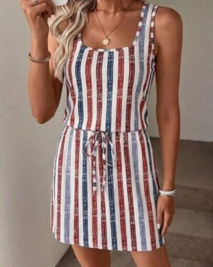 SHEIN LUNE Women's Casual Printed Short Dress, Striped Dress, Suitable For Spring/Summer, American Independence Day, Streetwear, Suitable For Daily Commute, Dating, Gathering,...