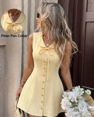 SHEIN PariChic Women's French Elegant Pale Yellow Peter Pan Collar Tie Neck Sleeveless A-Line Mini Dress,Summer Tea Party,Easter Garden Outing,Graduation Photos