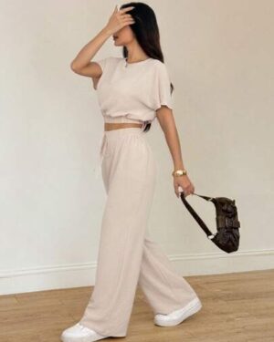 SHEIN PETITE Batwing Sleeve Crop Top & Drawstring Waist Pants Textured Fabric Two Pieces Set Beige Casual Comfortable Tall Women ,Petite Women