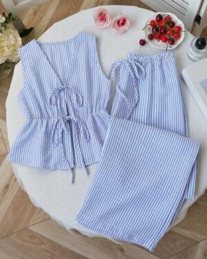 SHEIN Unity 2pcs Set: Striped Lace-Up Straight-Leg Casual Pants, Street Style For Women, Summer
