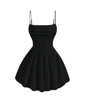 Amazon | Women's Ruched Black Corset Dress, Spaghetti Strap Fit and Flare Flowy Skater Mini Dress