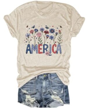 SHUNDA America Floral Shirt Boho Floral Vintage Short Sleeve July 4th Tops