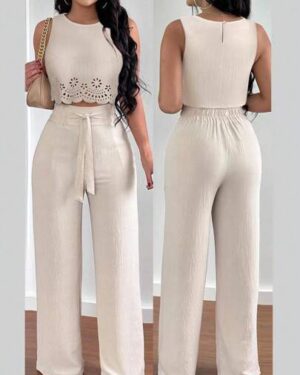 Silhoulove Elegant Vacation Round Neck Camisole & Hollow Strap Straight Leg Pants 2pcs Casual Women Set