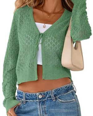 SimpleFun Crop Cardigan for Women Dressy Sexy V Neck Crochet Cardigans Boutique 90S Outfits Light Green