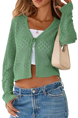 SimpleFun Crop Cardigan for Women Dressy Sexy V Neck Crochet Cardigans Boutique 90S Outfits Light Green