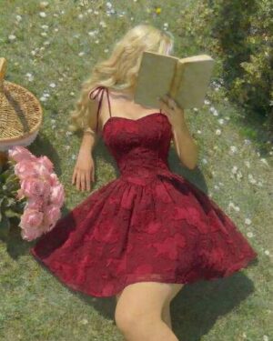 Skyraze Women's Burgundy Sweetheart Neckline Knotted Camisole Mini Dress,Summer Earthy Picnic Style,Elegant Embroidery Flared Skirt, Holiday Outfits