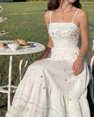 Skyraze Women's Elegant White Floral Print Summer Maxi Dress,Ruffle Hem Wildflower Garden Party Picnic Outfit,Wedding Guest Graduation Birthday Tea Dress