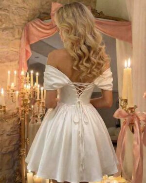 Skyraze Women's Elegant White Off Shoulder Dress,Wedding Guest Dress,Graduation,Summer Outfits,Apricot Tea Party Outfit,Birthday,Valentine's Day,Holidays