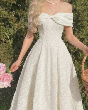 Skyraze Women's White Elegant Jacquard Off Shoulder Midi Dress,Summer Bow Front Floral Lace Party Dress For Wedding,Prom,Graduation,Evening&Tea Party Outfit