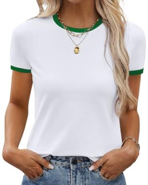 SOFIA'S CHOICE Women's Ringer Tee Summer Casual Contrast Binding Short Sleeve T Shirt White Green Large