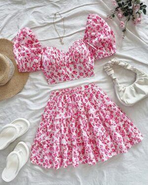 Soleia Women Retro Pink Ditsy Floral Puff Sleeve Cropped Top And Mini Skirt 2Pcs Vacation Casual Summer Outfit, Back To School Cute Lunch Dress