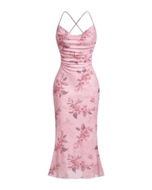 SOLY HUX Women's Floral Mesh Bodycon Cami Dress Cowl Neck Sleeveless Cocktail Party Wedding Guest Long Maxi Dresses Pink Floral Large